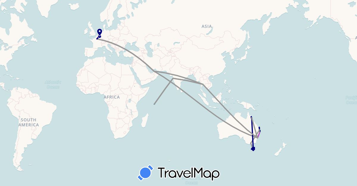 TravelMap itinerary: driving, bus, plane, train, boat in United Arab Emirates, Australia, Belgium, France, India, Seychelles, Thailand (Africa, Asia, Europe, Oceania)