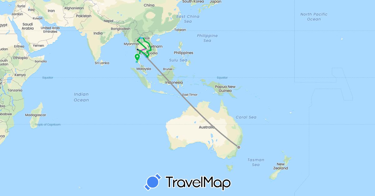 TravelMap itinerary: driving, bus, plane, train, boat, motorbike in Australia, Cambodia, Laos, Thailand (Asia, Oceania)